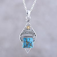 Citrine pendant necklace, 'Mythic Ocean' - Citrine and Composite Turquoise Pendant Necklace from India