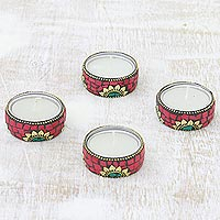 Brass and resin tealight holders, 'Floral Glow in Red' (set of 4) - Floral Brass and Resin Tealight Holders in Red (Set of 4)
