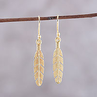 Gold plated sterling silver dangle earrings, 'Light Touch' - 22k Gold Plated Sterling Silver Feather Dangle Earrings