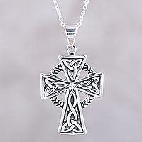 Sterling silver pendant necklace, 'Celtic Faith' - Celtic Cross Sterling Silver Pendant Necklace from India