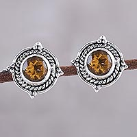 Citrine button earrings, 'Sparkling Beacon' - Round Citrine and Sterling Silver Rope Motif Button Earrings