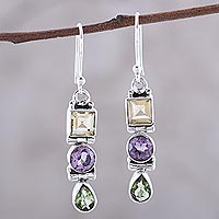 Multi-gemstone dangle earrings, 'Graceful Trio in Yellow' - Sterling Silver and Multi-gemstone Dangle Earrings