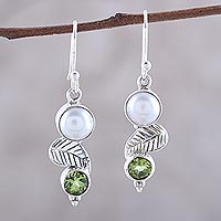 Cultured pearl and peridot dangle earrings, 'Moonrise Garden' - Cultured Pearl Peridot Sterling Silver Leaf Dangle Earrings