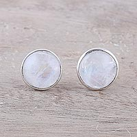 Rainbow moonstone stud earrings, 'Moonlight Peace' - Natural Rainbow Moonstone Stud Earrings from India