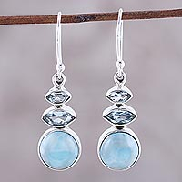Larimar and blue topaz dangle earrings, 'Peaceful Dazzle' - Larimar and Blue Topaz Dangle Earrings from India