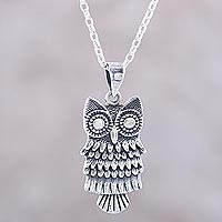 Sterling silver pendant necklace, 'Owl Flair' - Combination Finish Sterling Silver Owl Pendant Necklace