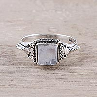 Rainbow moonstone cocktail ring, 'Misty Depths' - Square Rainbow Moonstone and Sterling Silver Cocktail Ring
