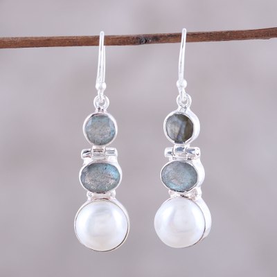 Labradorite and cultured pearl dangle earrings, Dance in the Clouds