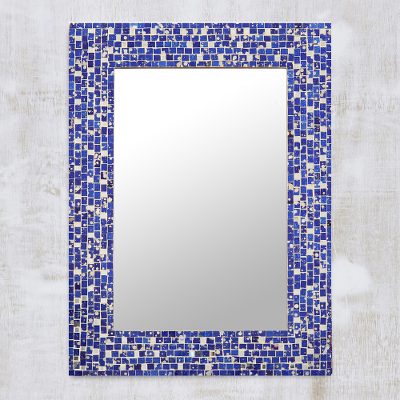 Glass mosaic wall mirror, Shimmering Blue