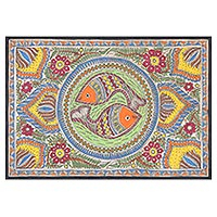Madhubani painting, 'Fish Union' - Signed Madhubani Painting of Two Fish from India