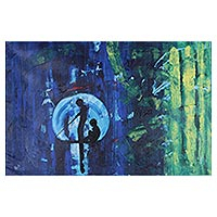 'Fishing Fantasy' - Signed Expressionist Painting in Blue and Green from India