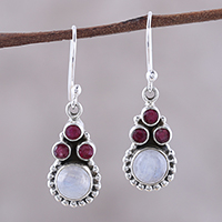 Rainbow moonstone and agate dangle earrings, 'Petite Flowers' - Rainbow Moonstone and Agate Dangle Earrings from India