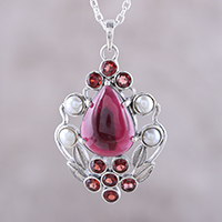 Garnet and cultured pearl pendant necklace, 'Basket of Blossoms' - Garnet and Cultured Pearl Pendant Necklace from India