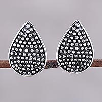 Sterling silver button earrings, 'Gleaming Specks' - Drop-Shaped Sterling Silver Button Earrings from India