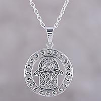 Sterling silver pendant necklace, 'Encircled Hamsa' - Sterling Silver Hamsa Motif Circular Pendant Necklace
