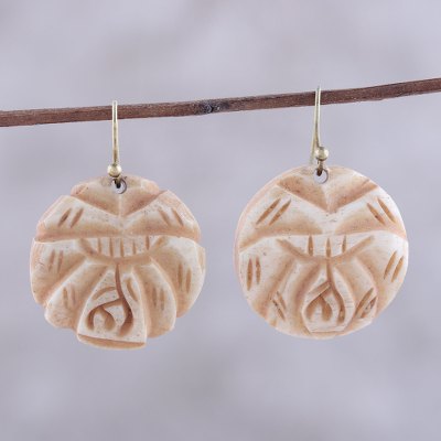 Buffalo bone dangle earrings, Carved Rose