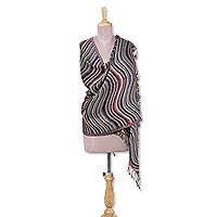 Viscose blend shawl, 'Mystical Waves' - Jacquard Wave Pattern Viscose Blend Shawl from India