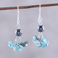Turquoise and hematite dangle earrings, 'Dancing Turquoise' - 925 Sterling Silver Hematite and Turquoise Dangle Earrings