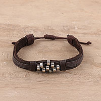 Leather wristband bracelet, 'Heavenly Beads' - Diamond Pattern Leather Wristband Bracelet from India