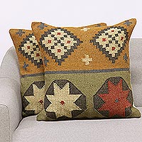 Jute cushion covers, 'Geometric Reflection' (pair) - Geometric Pattern Jute Cushion Covers from India (Pair)