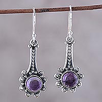 Amethyst dangle earrings, 'Magical Pendulums' - Amethyst and Sterling Silver Dangle Earrings from India