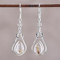 Rutilated quartz dangle earrings, 'Fascinating Droplets' - Golden Rutilated Quartz and Sterling Silver Dangle Earrings