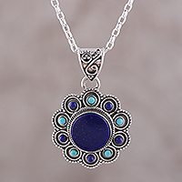 Lapis lazuli pendant necklace, 'Magical Bloom' - Lapis Lazuli and Composite Turquoise Flower Pendant Necklace