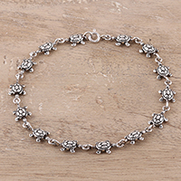 Sterling silver link bracelet, 'Turtle Unison' - Sterling Silver Turtle Link Bracelet from India