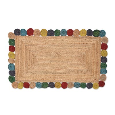 Jute area rug, 'Natural Circles' (3x5) - Jute Area Rug with Colorful Circles from India (3x5)