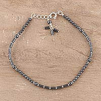 Hematite beaded anklet, 'Gleaming Muse' - Hematite and Sterling Silver Beaded Anklet from India