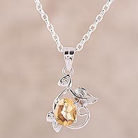 Rhodium plated citrine pendant necklace, 'Glittering Blossom' - Leafy Rhodium Plated Citrine Pendant Necklace from India