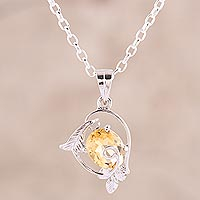 Rhodium plated citrine pendant necklace, 'Golden Glimmer' - Leaf Pattern Rhodium Plated Citrine Pendant Necklace