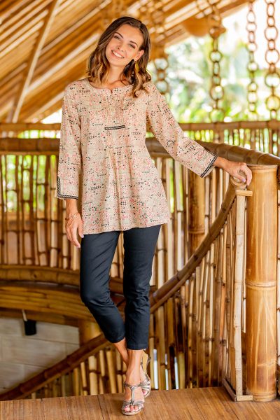 Cotton tunic, 'Natural Connection' - Printed Henley Cotton Tunic from India
