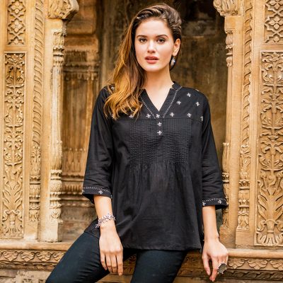 Cotton tunic, 'Stars at Midnight' - Black 100% Cotton Tunic Pin Tuck Detail and Ecru Embroidery