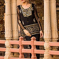 Viscose tunic, 'Kashmiri Night Sky' - Paisley Pattern Viscose Tunic from India