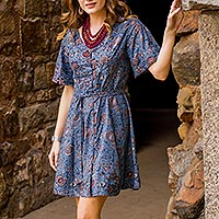 Cotton tunic-style dress, 'Garden Bliss' - Floral Printed Cotton Tunic-Style Dress in Cerulean