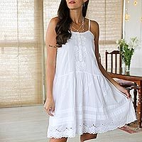 Cotton sundress, 'Cool Style' - Floral Embroidered Cotton Sundress from India
