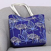 Cotton tote, 'Lapis Garden' - Embroidered Floral Cotton Tote in Lapis from India