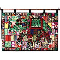 Recycled cotton blend patchwork wall hanging, 'Elephant Color' - Elephant-Themed Recycled Cotton Blend Wall Hanging