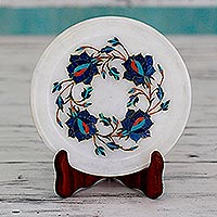 Marble inlay decorative plate, 'Blue Garland' - Blue Floral Motif Marble Inlay Decorative Plate from India