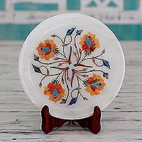 Marble inlay decorative plate, 'Summer Roses' - Rose Motif Marble Inlay Decorative Plate from India