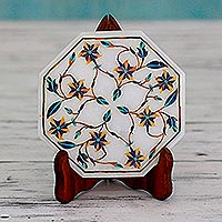 Marble inlay decorative plate, 'Tiger Lilies' - Tiger Lily Motif Marble Inlay Decorative Plate from India