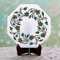 Marble inlay decorative plate, 'Ivy Garland' - Green Floral Marble Inlay Decorative Plate from India