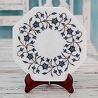 Marble inlay decorative plate, 'Midnight Jasmine' - Jasmine Motif Marble Inlay Decorative Plate from India