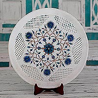 Marble inlay decorative plate, 'Star Burst' - Star Motif Marble Inlay Decorative Plate from India
