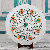 Marble inlay decorative plate, 'Summer Fantasy' - Orange and Green Floral Marble Inlay Decorative Plate