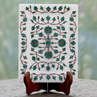 Marble inlay decorative plate, Royal Forest Blossom