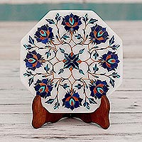Marble inlay decorative plate, 'Floral Imagination' - Marble Inlay Decorative Plate with Blue Floral Motifs