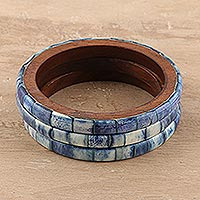 Bone and mango wood  bangles, 'Blue Saga' (set of 3) - Blue Bone and Mango Wood Bangle Bracelets (Set of 3)