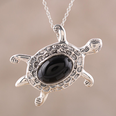 Onyx pendant necklace, Magical Turtle